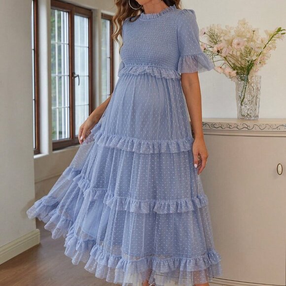 Dresses & Skirts - Blue Elegant Women's Polka Dot Printed Maternity Dress With Ruffle Hem